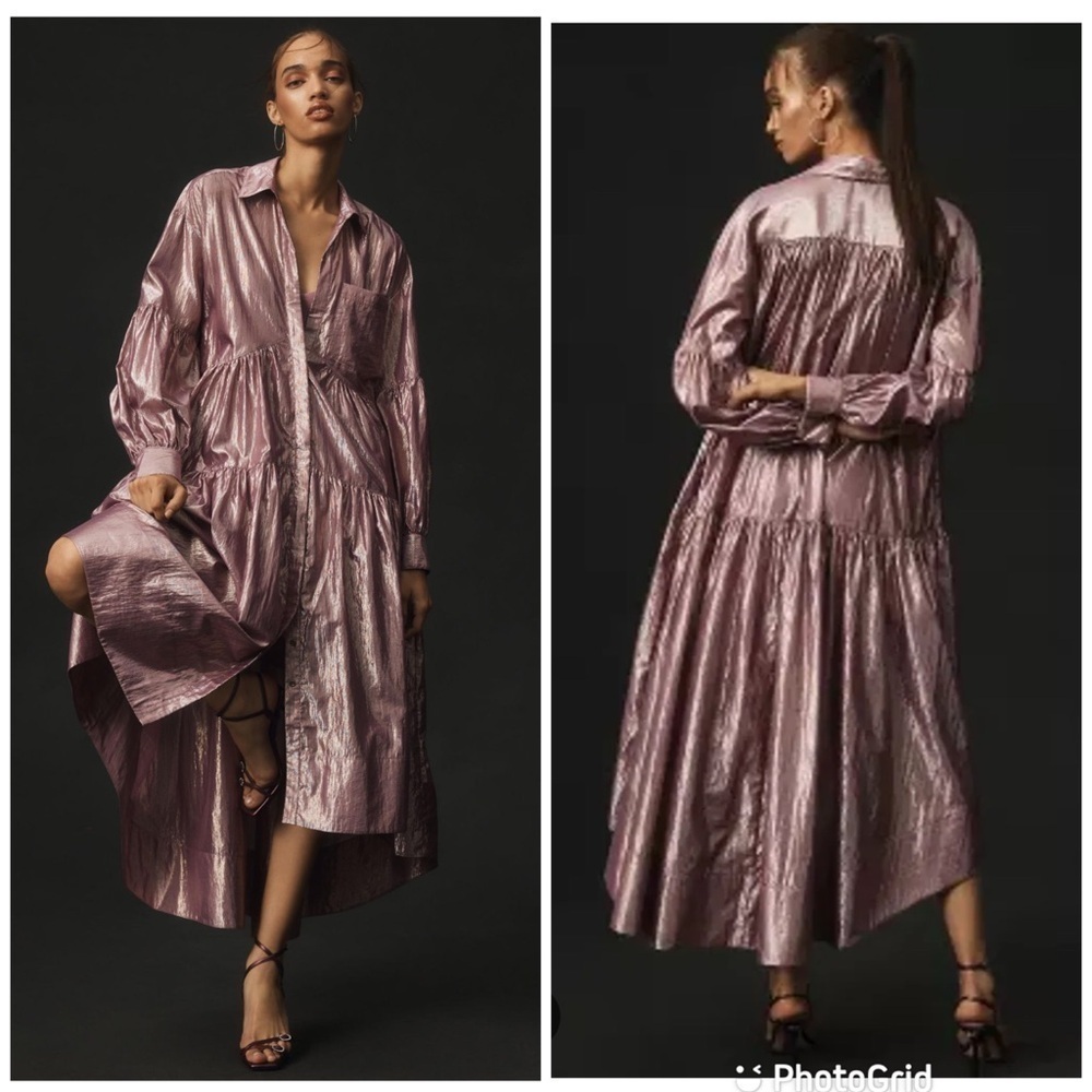 Anthropologie Pilcro Long-Sleeve V-Neck Metallic High-Low Dress in Lilac